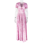 Sweet Women Clothing Printing Elegant A line Dress Pleated V neck Bubble Sleeve Length Dress