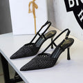 Elegant Socialite Woven Wire Mesh Hollow Out Cutout Ankle Strap Buckle Pointed Toe Stiletto Outdoor Sandals