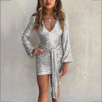 Women Clothing Dress Sexy V neck Sheath Sequ Lace up Dress