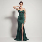 Sexy Satin High Slit Slim Fit Lace up Fishtail Long Annual Party Party Evening Dress