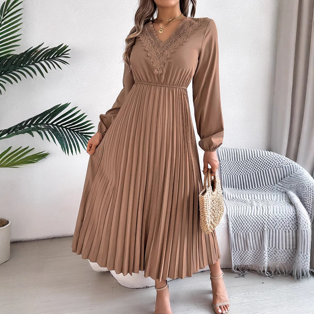 Spring Summer Elegant V neck Lace Cinched Pleated Maxi Dress Women Clothing