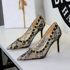 Sexy Lace Mesh Pointed Toe Super High Heel Women Shoes Decorative Rivets Low Cut Stiletto Heel Pumps