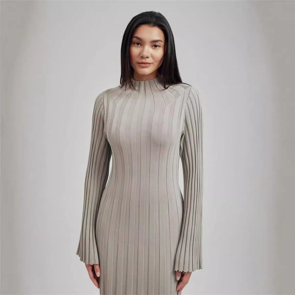 Autumn Winter Knitted Dress Casual Waist Tight round Neck Large Pit High Collar Slimming Knitted Maxi Dress for Women