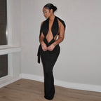 Women Clothing Spring Solid Color Sexy Pleated Hollow Out Cutout Backless Sleeveless Ribbon Maxi Dress