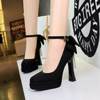 French Wind Black Cocktail round Head Super High Heel Platform Women Shoes Back Bow Rhinestone Shoes