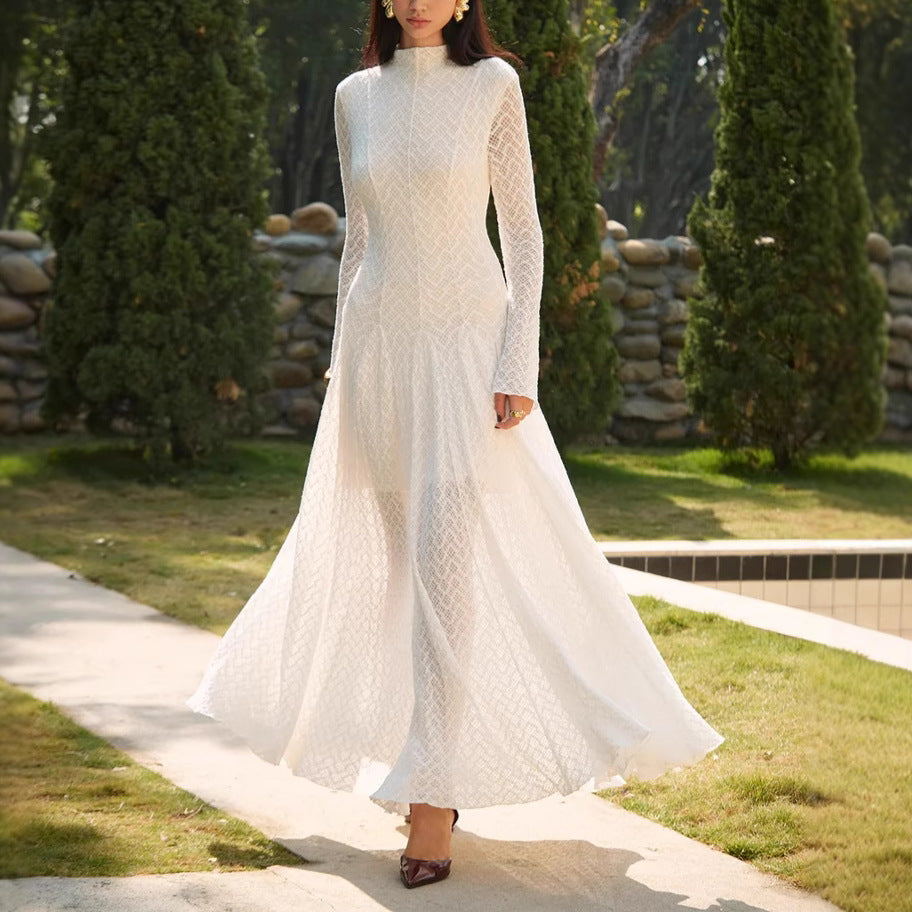 Autumn Winter Niche Design Beautiful Lace Slim Fit Slimming Wide Hem Maxi Dress Women