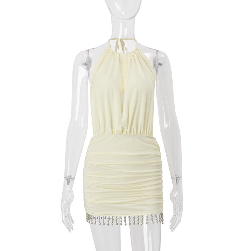 Women Clothing Summer Sexy Backless Elegant Sexy Solid Color Slim Fit Short Hip Hugger Dress Women