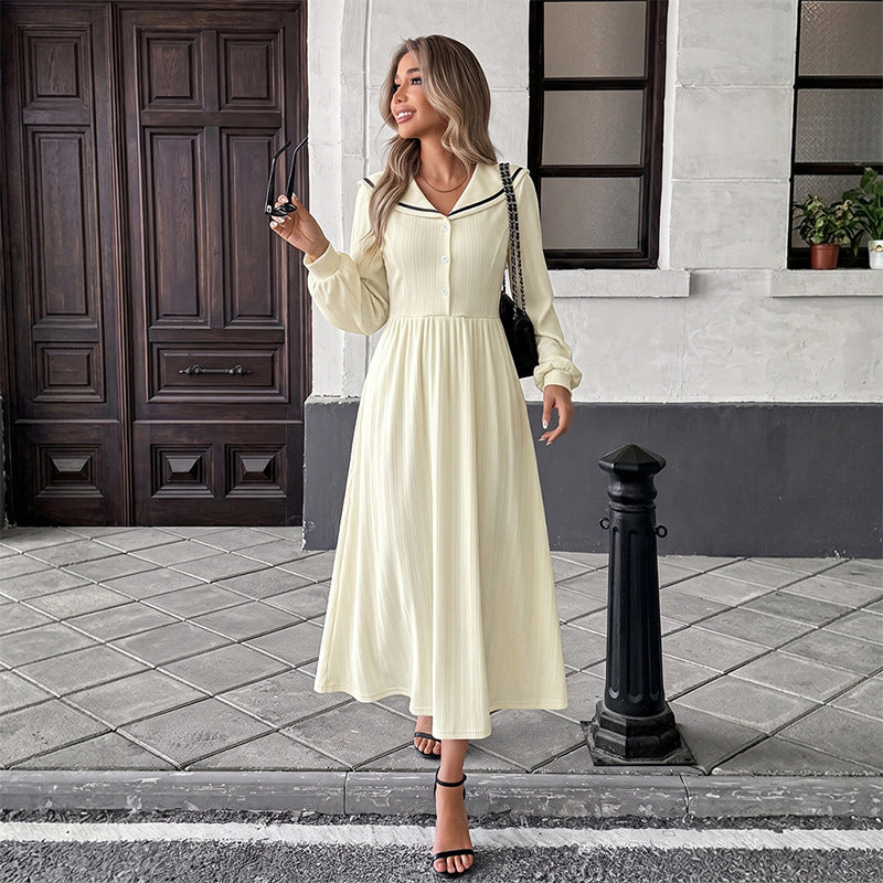 French Gentle Sailor Collar Contrast Color Waist Controlled Long Sleeves Dress
