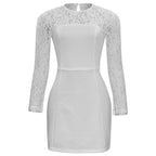 Autumn Solid Color round Neck Lace Stitching Sexy Slim Women Short Dress