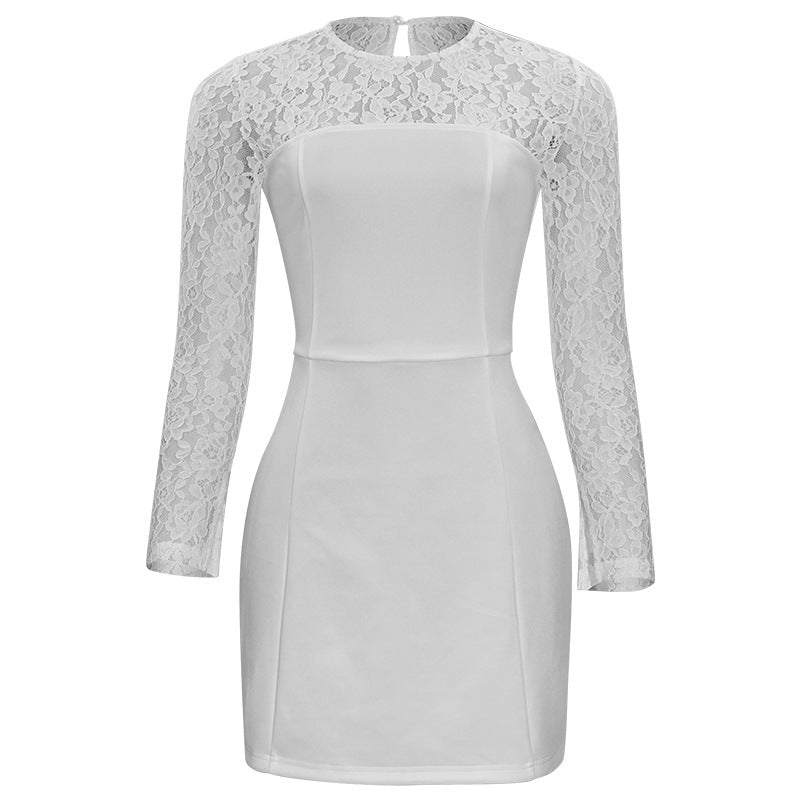 Autumn Solid Color round Neck Lace Stitching Sexy Slim Women Short Dress