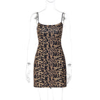 Women Clothing Summer Leopard Print Sexy Backless Lace up Waist Trimming Spaghetti Straps Dress for Women