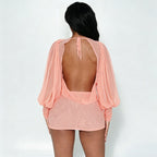 Women Clothing Summer Solid Color Casual Long Sleeves Draped Collar Backless Slim Fit Lace up Short Dress