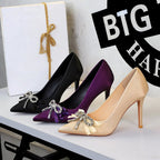 French Beautiful Rhinestone Ribbon Bow Super High Heel Slip on Satin Stiletto Heel Pumps Women