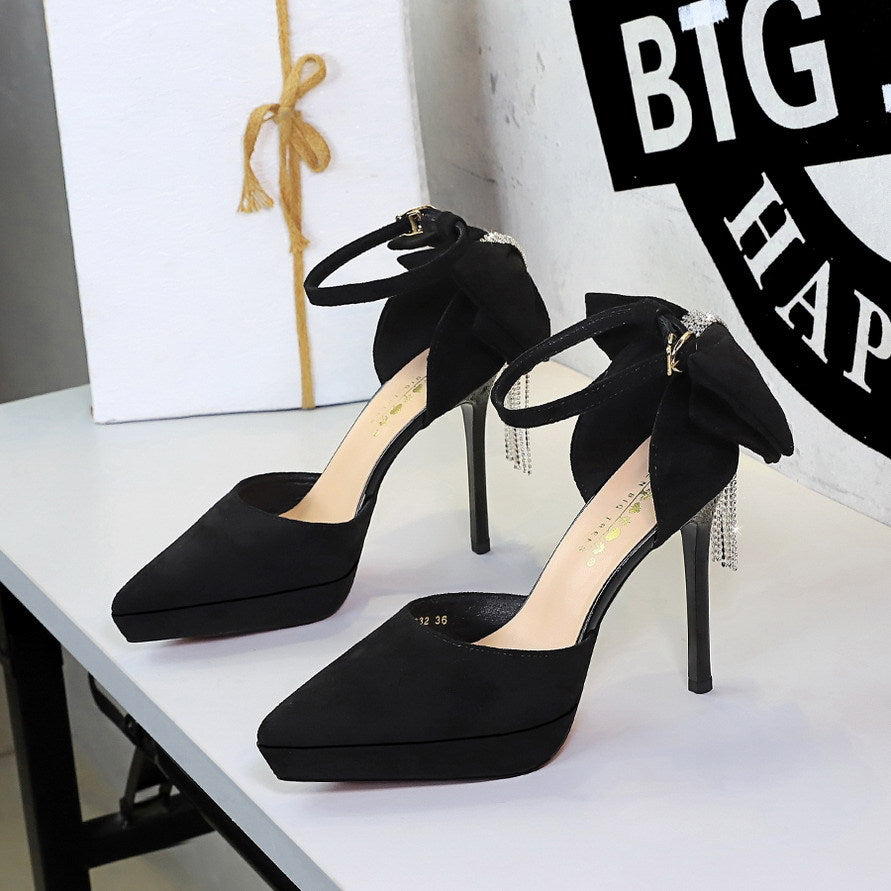 Cocktail Black Platform Pointed Toe Buckle Suede Back Bow Rhinestone Sandals