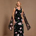 Women Summer Printed Sleeveless Large V Back U Neck A line Flared Sundress Ribbon Evening Dress