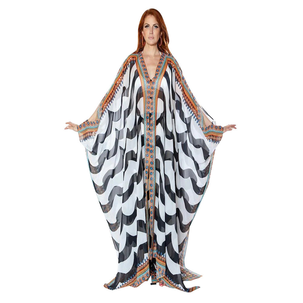 Popular Women Clothing Autumn V neck Casual Printed Jacket See through Chiffon Shirt