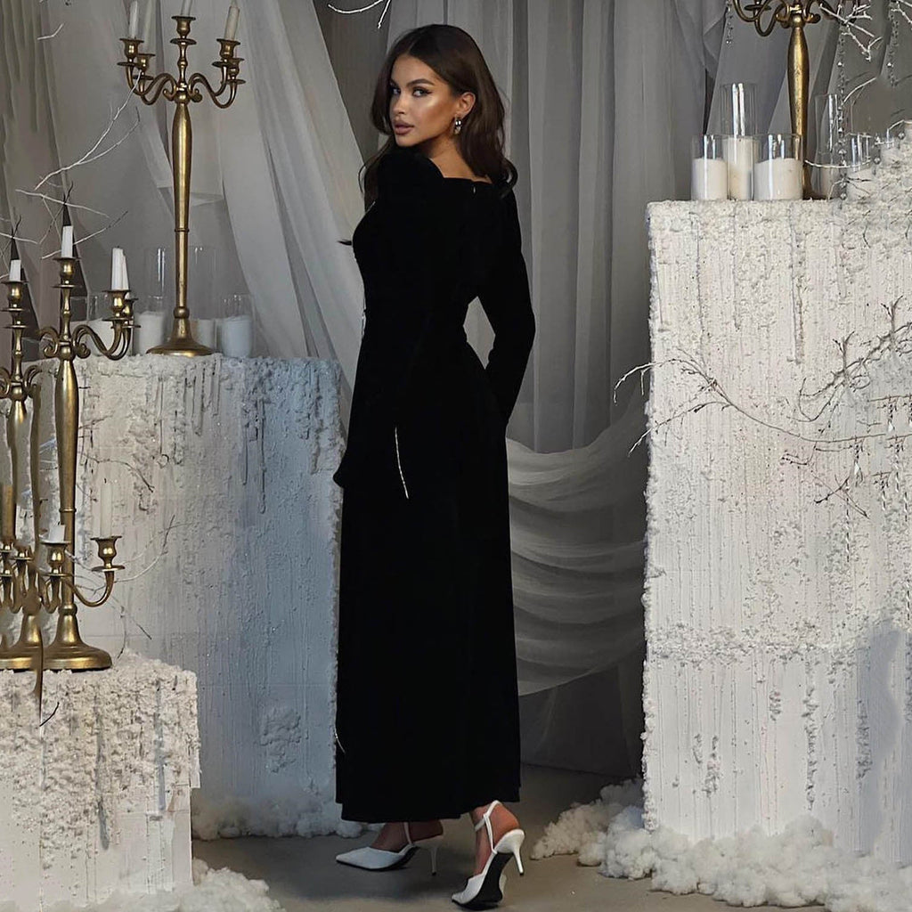 Autumn Winter Party Dress French Ladies Dress Korean Velvet Bell Sleeve Square Collar A line Dress Women