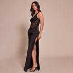 Women Clothing Autumn Winter Sexy Sleeveless Vest Lace Stitching Side Slit Dress for Women