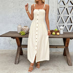 French Vacation Slit Solid Color Smocking Cami Dress