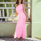 Summer Vacation Dignified Goddess Dress Sexy Backless Lace up Oblique One Shoulder Maxi Dress