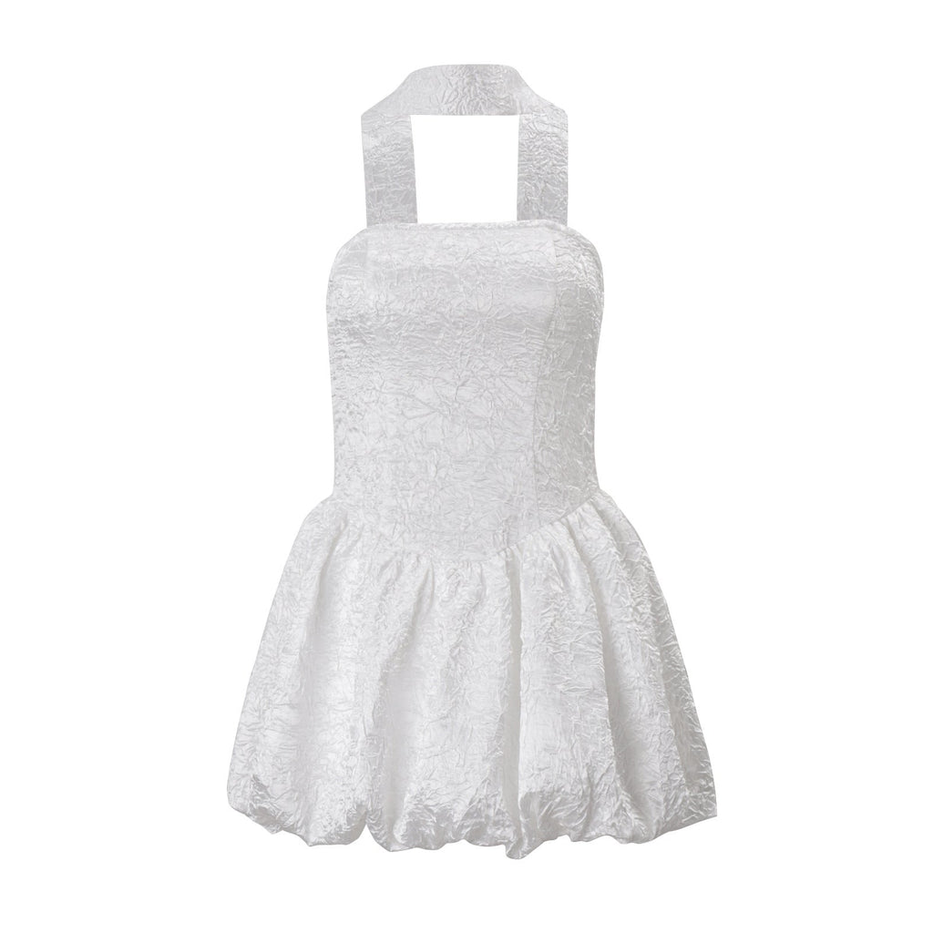 Women Clothing Autumn French Sexy Tube Top Dress Ribbon Fitted Waist Bubble Short Dress