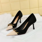 Cocktail Women Shoes Stiletto Heel Shallow Mouth Color Blocking Pointed Metal Chain Decorative Shoes