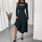 Autumn Elegant Office Sexy Cutout round Neck Solid Color Slim Fit Dress