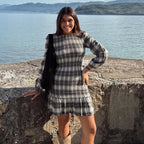 Women Plaid Pleated Casual Long Sleeved Dress Contrast Color round Neck Pleated Dress