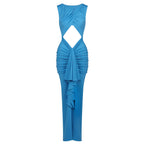 Elegant Stitching Sexy Dress Blue Hollow Out Cutout High Waist Slim Fit Dress Women