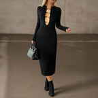 Women Clothing Autumn Solid Color Long Sleeved Hip Dress