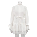French Autumn Dress Women Clothing Stand up Collar Tie Ruffled Long Sleeve Short Dress
