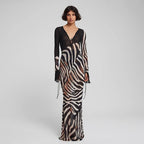 Summer Color Contrast Printed Sexy V neck Mesh Long Sleeve Dress