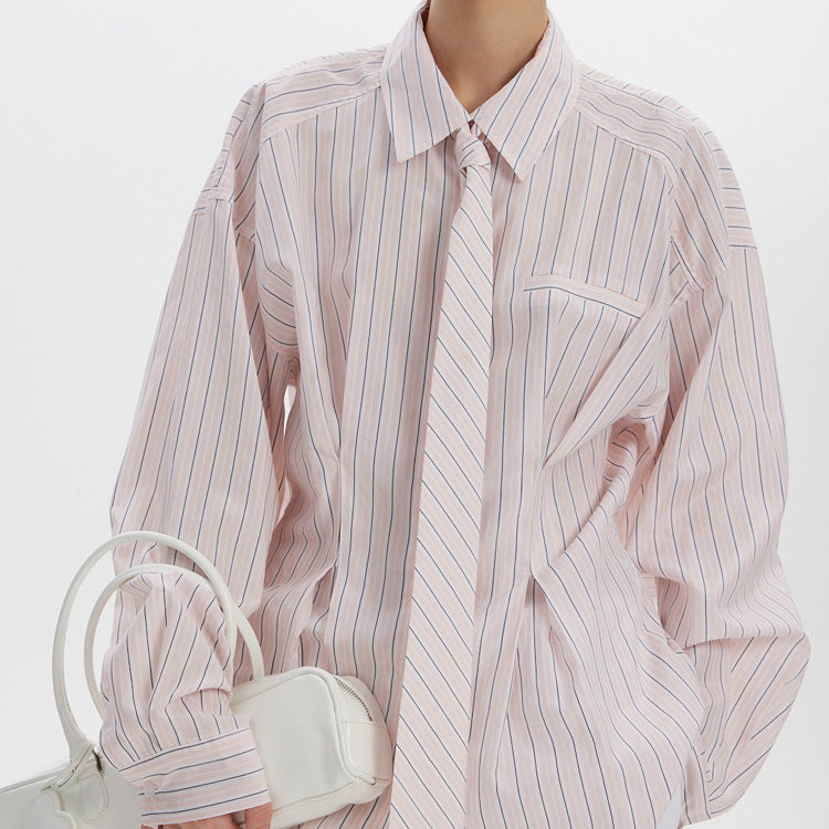 Office Printed Striped Shirt Women Polo Collar Long Sleeve Tie Cinched Blouse