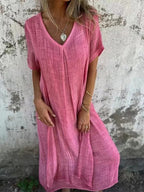Cotton Linen V neck Semi Formal Dress