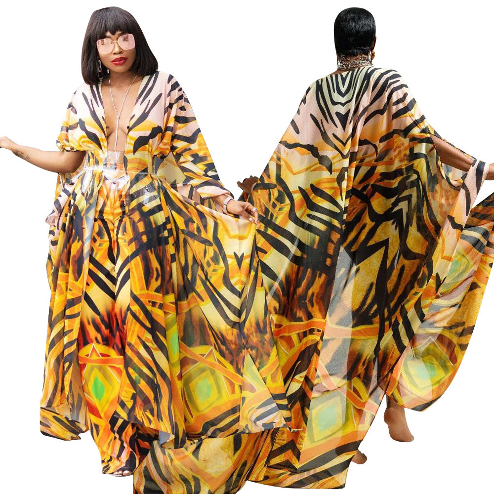 Popular Women Clothing Autumn V neck Casual Printed Jacket See through Chiffon Shirt