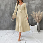 Autumn Elegant Long Sleeve Pleated V neck Solid Color Dress