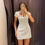Women Clothing Summer Sexy Polka Dot Self Tie Slim Sheath Dress