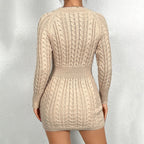 Twist Thread Knitted Dress Women Pullover Round Neck Solid Color Slim Hip Dress Women
