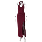 Summer Elegant Elegant Dress Lace up Halterneck U Collar Waist Trimming Split Dress