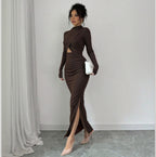 Autumn Winter Sexy Slit Slim Fitting Cropped Outfit Long Sleeve Mid Length Long Sleeve Dress