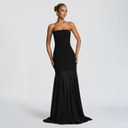 Women Clothing Autumn Winter Solid Color Elegant Sleeveless Chiffon Stitching Tube Top Ribbon Maxi Dress