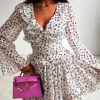 Women Digital Printing Elegant Dress V neck Long Sleeve Ruffled High Waist Lace up A line Dress
