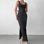 Milk Silk Stitching Mesh Cami Dress Sexy Split Backless Formal Dress Maxi Dress
