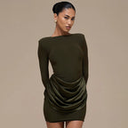 Women Clothing Autumn Winter Solid Color Elegant Casual Slim Fit round Neck Long Sleeves Pleated Short Dress