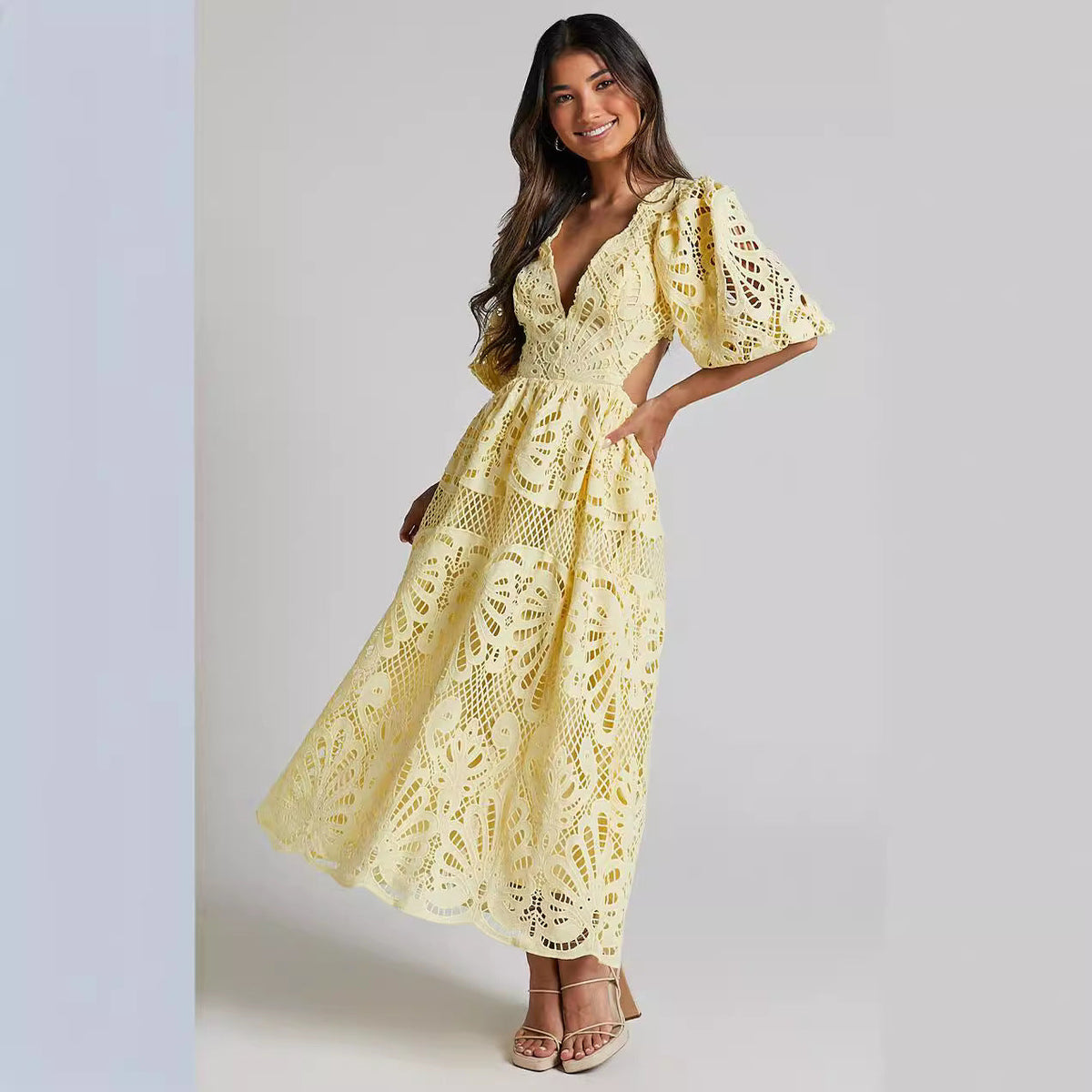 Women Clothing Hollow Out Cutout out Dress Summer V neck Lace Embroidery Sexy Waist Baring Dress
