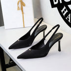 French Sweet Metal Decoration Pointed Toe Shallow Mouth V Buckle Back Empty Back Strap Stiletto Heel High Heels for Women
