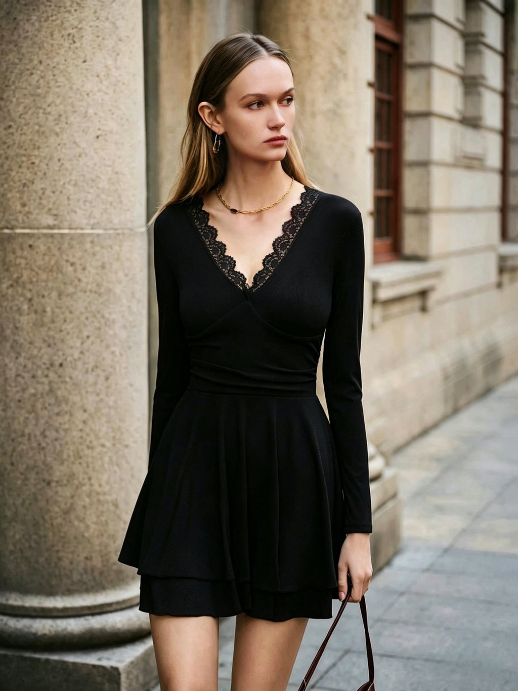 Women V neck Lace Dress Long Sleeve Waist Tight Slimming Flounce A line Dress