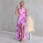 Printed Sexy V neck Backless Halter Fashionable Stringy Selvedge Dress