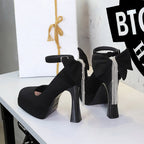 French Wind Black Cocktail round Head Super High Heel Platform Women Shoes Back Bow Rhinestone Shoes