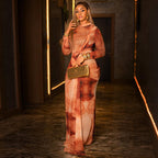 Home Retro Elegant Women Color Matching Hip Skirt round Neck Ladies Long Sleeves Autumn Winter Dress
